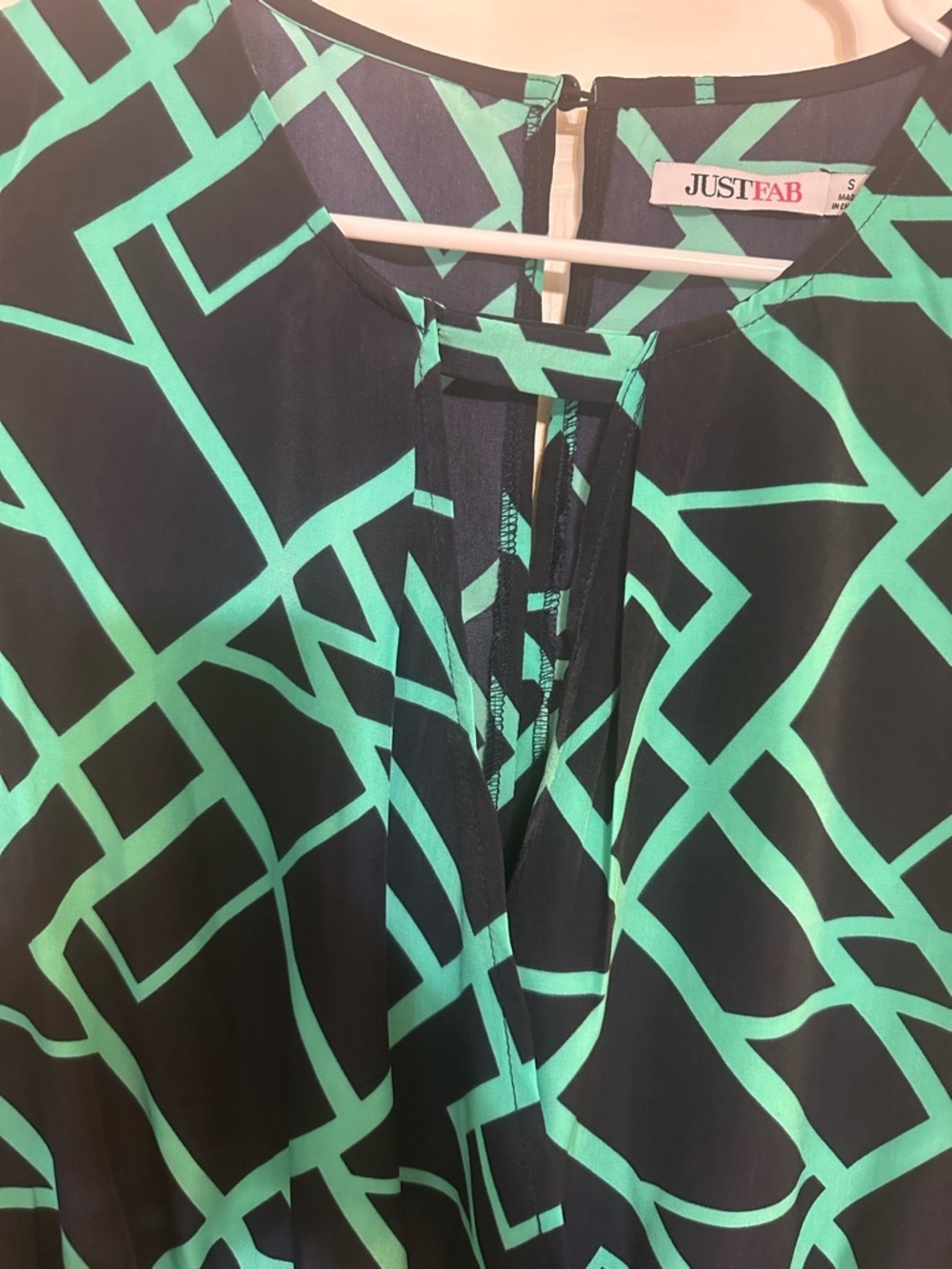JustFab Romper Small Navy Green Geometric Faux Wrap Long Sleeve NWT - Picture 11 of 12